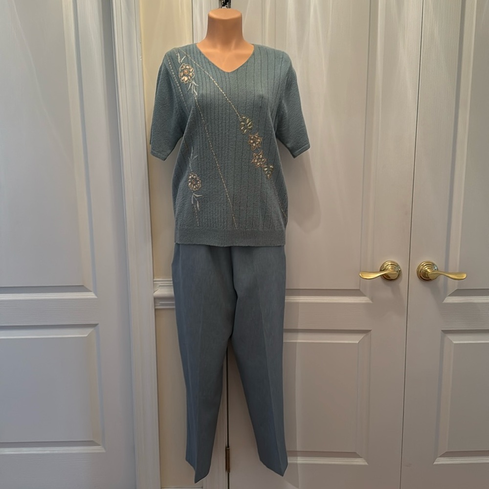 TANJAY 2p Dusty Blue 2p Set S/S V Neck Sweater M Pull On Belted Pants 12 Lcsr